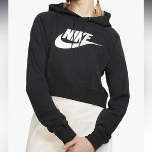 Nike Black and White Cropped Drawstring Hoodie